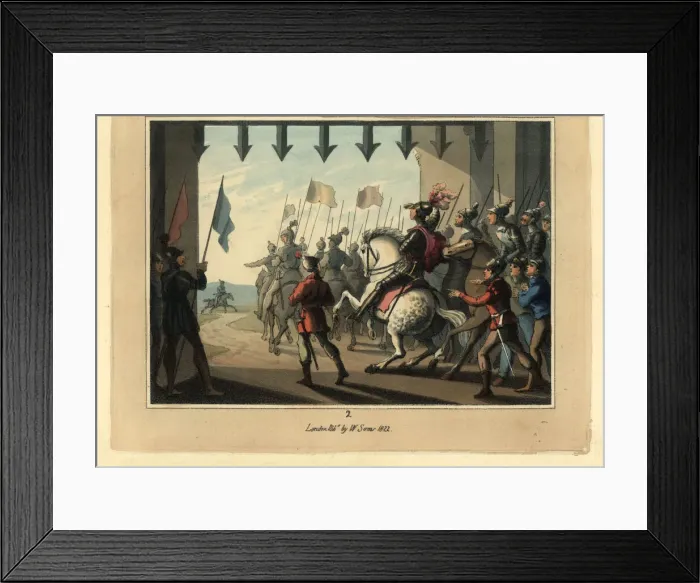 Framed Print : Medieval knights in armour on horseback under a portcullis Framed Print : Medieval knights in armour on horseback under a portcullis