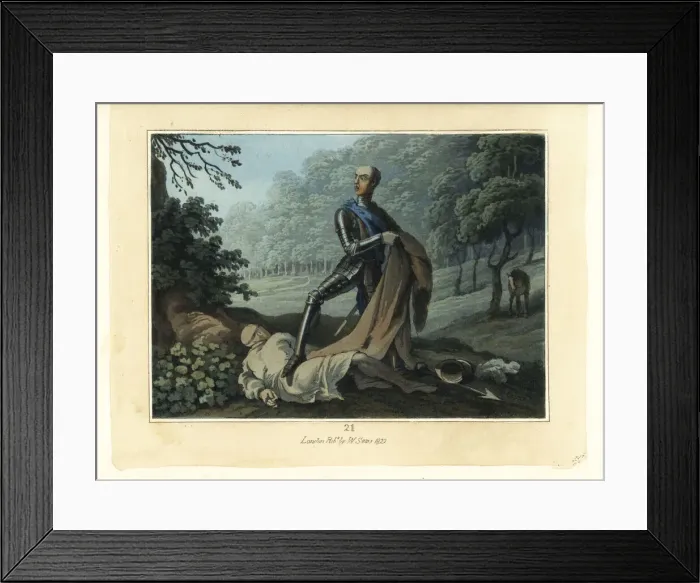 Framed Print : Medieval knight in armour with murdered monk Framed Print : Medieval knight in armour with murdered monk