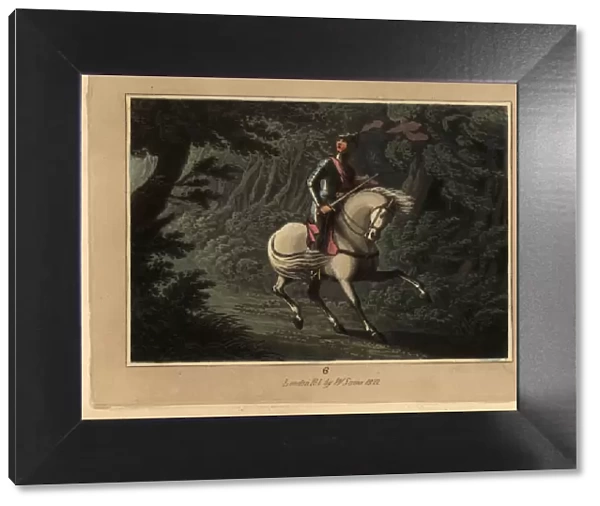 Medieval knight in armour on horseback lost in a forest