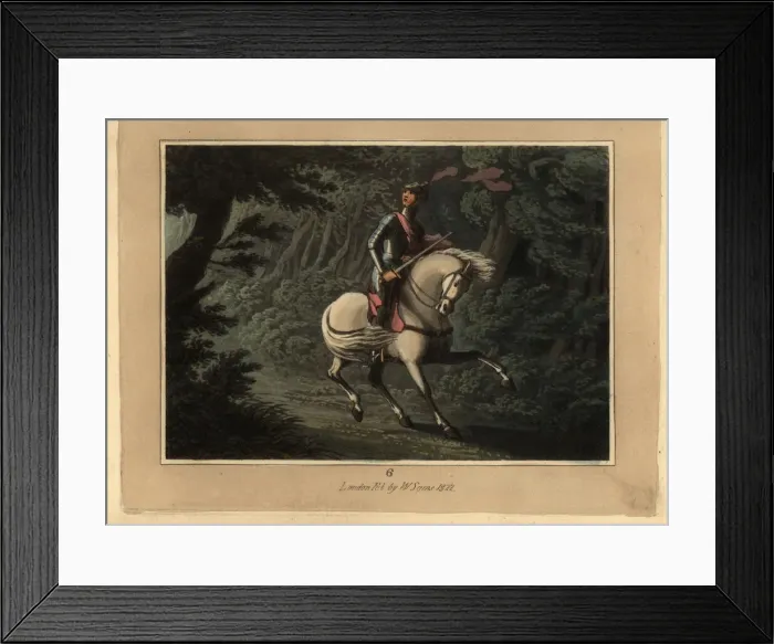 Framed Print : Medieval knight in armour on horseback lost in a forest Framed Print : Medieval knight in armour on horseback lost in a forest