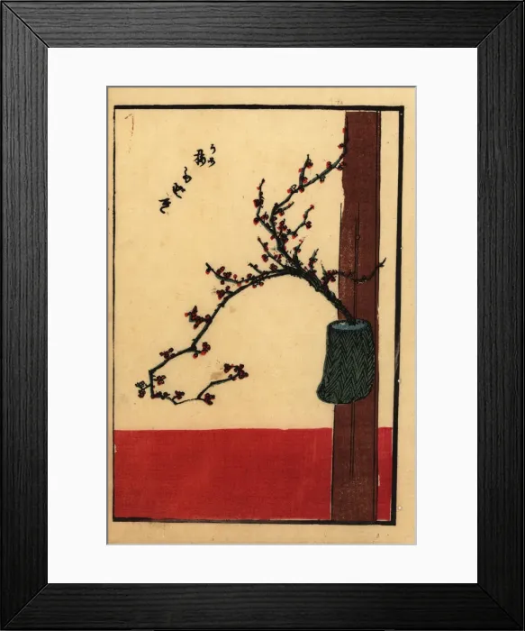 Framed Print : Japanese flower arrangement with plum in a vase on a beam Framed Print : Japanese flower arrangement with plum in a vase on a beam