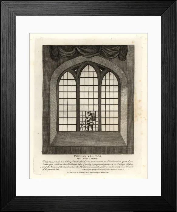 Framed Print : Pedlar and his dog in the window of Saint Mary-at-Lambeth Framed Print : Pedlar and his dog in the window of Saint Mary-at-Lambeth