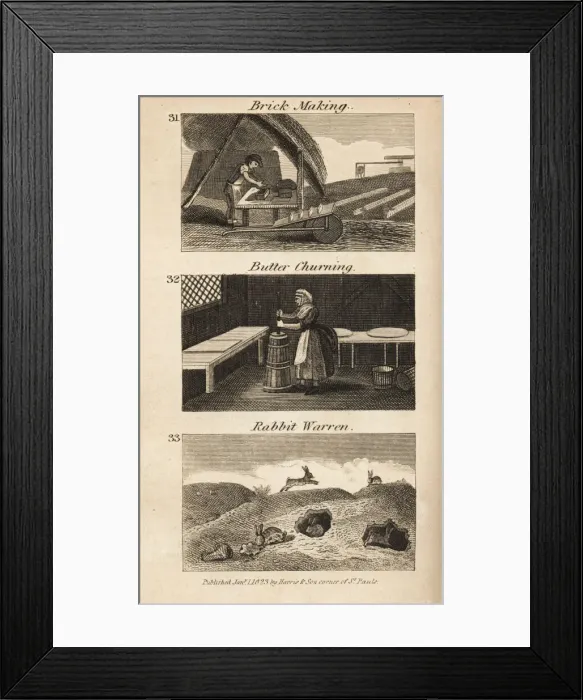 Framed Print : Trades in Regency England. Brick making, butter churning Framed Print : Trades in Regency England. Brick making, butter churning
