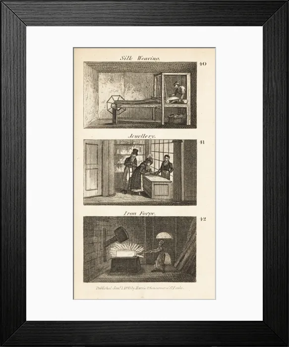 Framed Print : Trades in Regency England: silk weaving, jewellery Framed Print : Trades in Regency England: silk weaving, jewellery