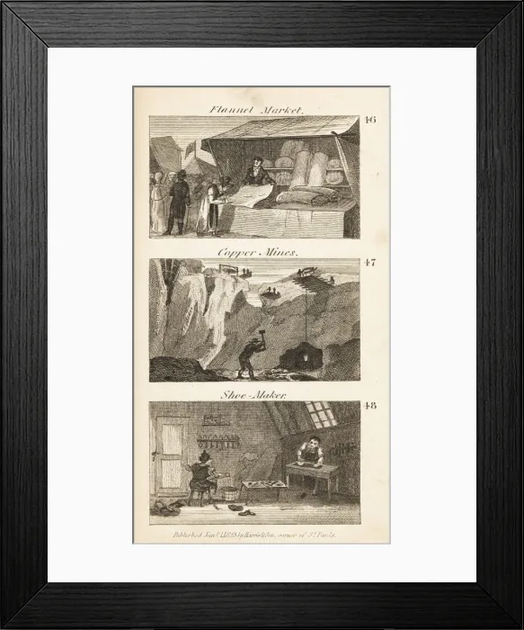 Framed Print : Trades in Regency England: flannel market, copper Framed Print : Trades in Regency England: flannel market, copper