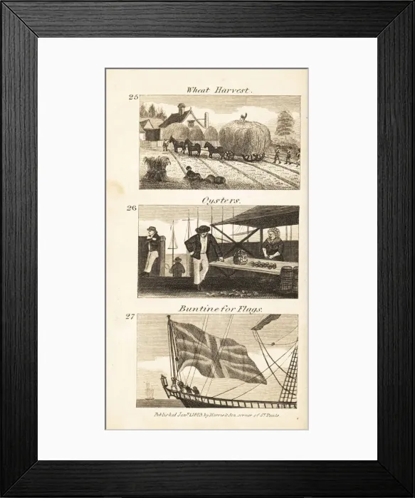 Framed Print : Trades in Regency England: wheat harvest, oysters Framed Print : Trades in Regency England: wheat harvest, oysters