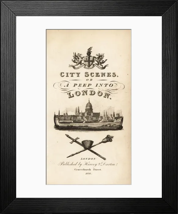 Framed Print : Calligraphic title page with vignette of the city of London Framed Print : Calligraphic title page with vignette of the city of London