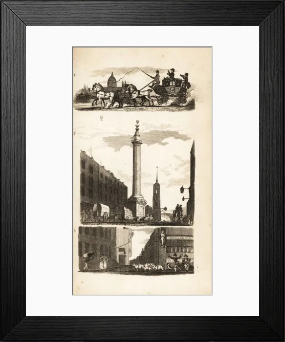 Framed Print : Countrymen on a stage coach, the Monument and Pie Corner Framed Print : Countrymen on a stage coach, the Monument and Pie Corner