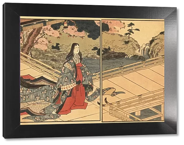 Woman of the nobility or courtier in silk kimono walking