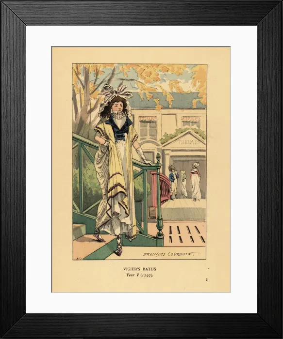 Framed Print : Fashionable woman in front of the Bains Vigier, 1797 Framed Print : Fashionable woman in front of the Bains Vigier, 1797