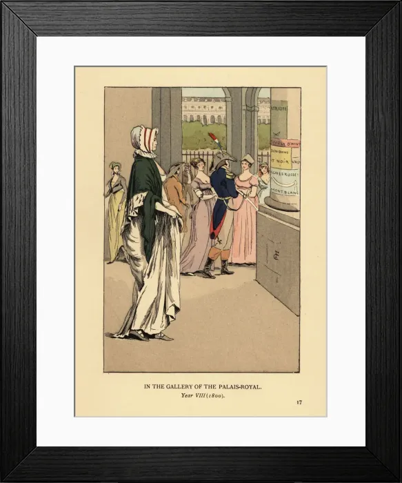 Framed Print : Fashionable woman strolling through the Palais Royal, 1800 Framed Print : Fashionable woman strolling through the Palais Royal, 1800