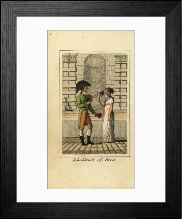 Framed Print : Man and woman of Paris standing in front of a fountain, 1818 Framed Print : Man and woman of Paris standing in front of a fountain, 1818