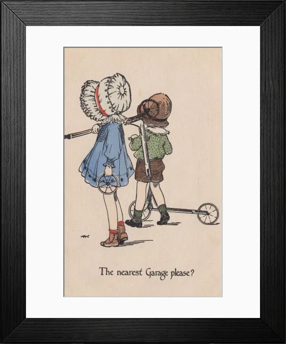 Framed Print : Scooters. Boy and girl with their scooters. Artist: AE Kennedy Date: 1912 Framed Print : Scooters. Boy and girl with their scooters. Artist: AE Kennedy Date: 1912