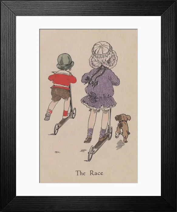 Framed Print : Scooters. Boy and girl with their scooters. Artist: AE Kennedy Date: 1912 Framed Print : Scooters. Boy and girl with their scooters. Artist: AE Kennedy Date: 1912