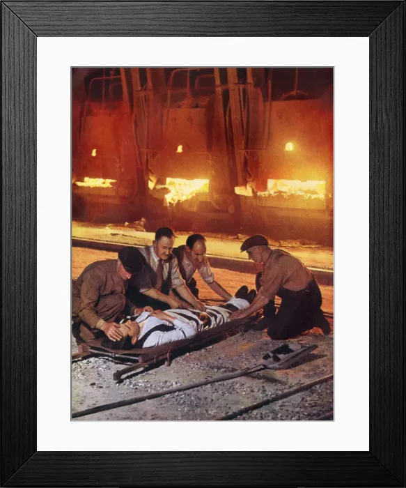 Framed Print : First-aid party training in Furnace Room of an Iron Foundry Framed Print : First-aid party training in Furnace Room of an Iron Foundry