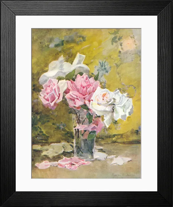 Framed Print : Roses. Still life of roses in a glass vase. Artist: Francis E James. Date: circa 1910 Framed Print : Roses. Still life of roses in a glass vase. Artist: Francis E James. Date: circa 1910