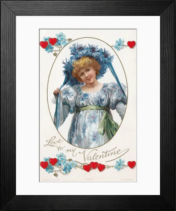Framed Print : Valentine. Pretty young girl adorned in a pale blue floral dress and hat Framed Print : Valentine. Pretty young girl adorned in a pale blue floral dress and hat