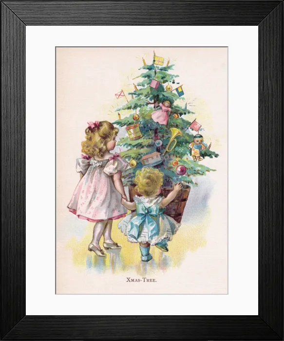 Framed Print : Xmas Tree. Delighted young children dancing round the Xmas tree Framed Print : Xmas Tree. Delighted young children dancing round the Xmas tree