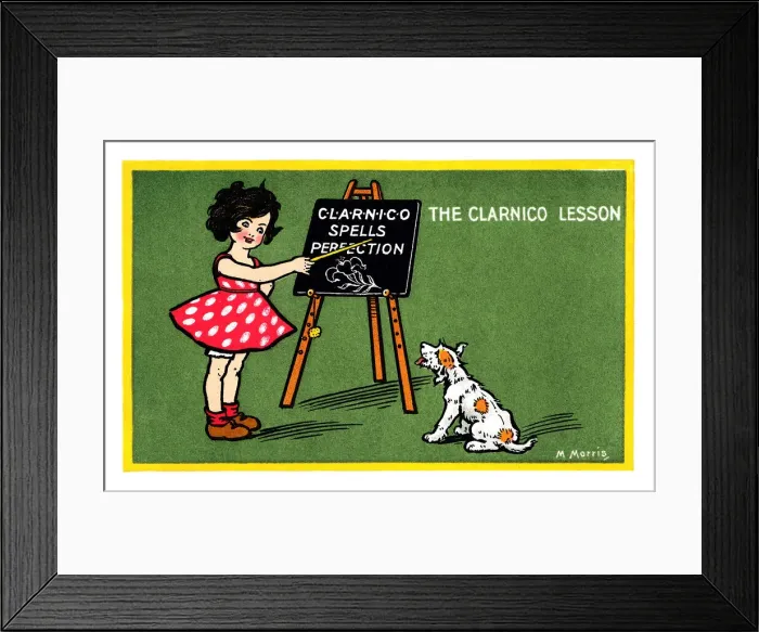 Framed Print : Clarnico. The Clarnico Lesson. Advertisement postcard for Clarnico sweets with a girl Framed Print : Clarnico. The Clarnico Lesson. Advertisement postcard for Clarnico sweets with a girl