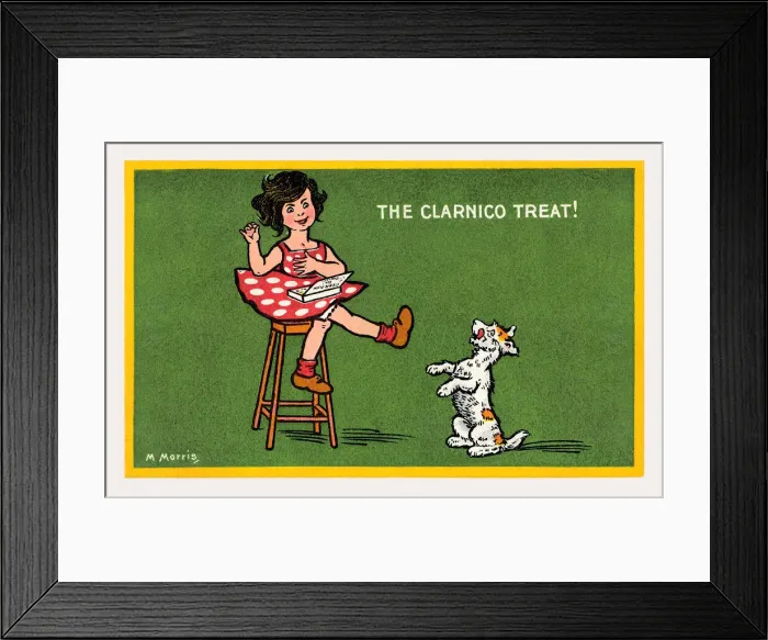 Framed Print : Clarnico. The Clarnico Treat. Advertisement postcard for Clarnico sweets with a girl Framed Print : Clarnico. The Clarnico Treat. Advertisement postcard for Clarnico sweets with a girl