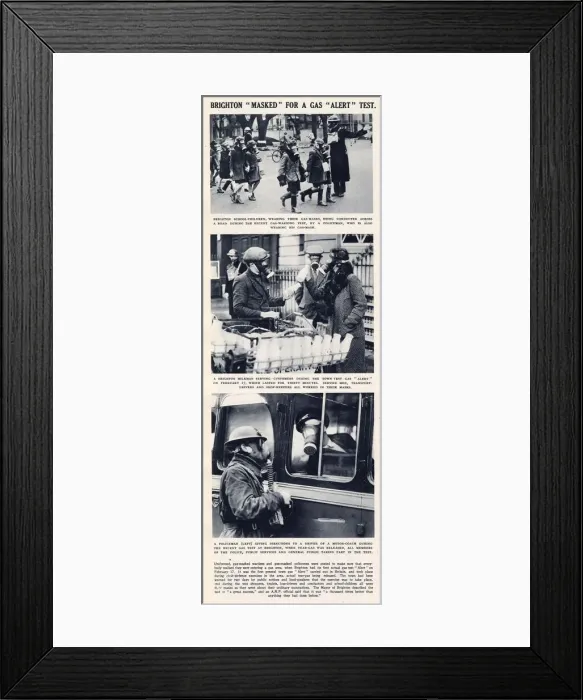 Framed Print : Citizens of Brighton shown wearing gas masks in everyday situations in 1941 Framed Print : Citizens of Brighton shown wearing gas masks in everyday situations in 1941