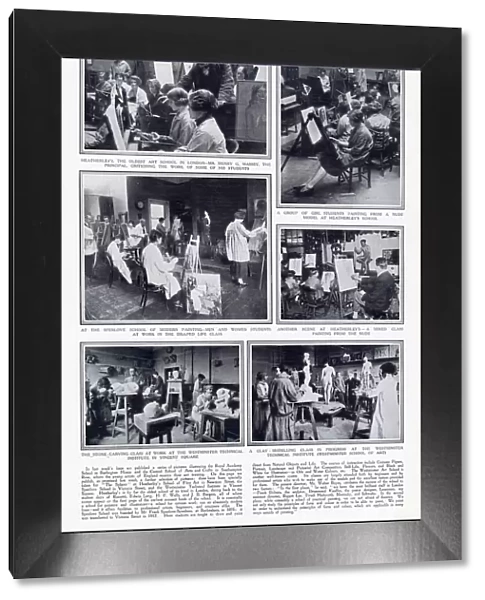 Page from The Sphere with a selection of pictures showing art students at work at three