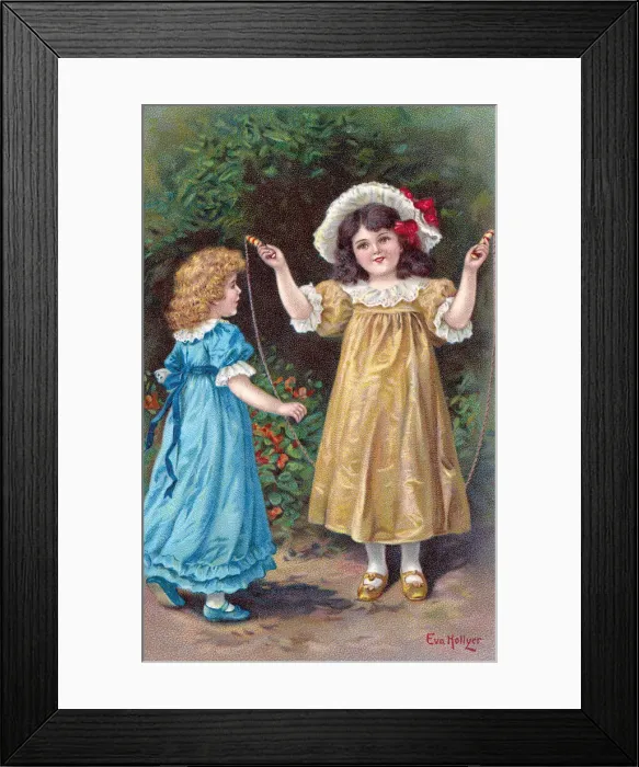 Framed Print : Skipping. Two young Victorian girls in blue and gold silk dresses skipping Framed Print : Skipping. Two young Victorian girls in blue and gold silk dresses skipping