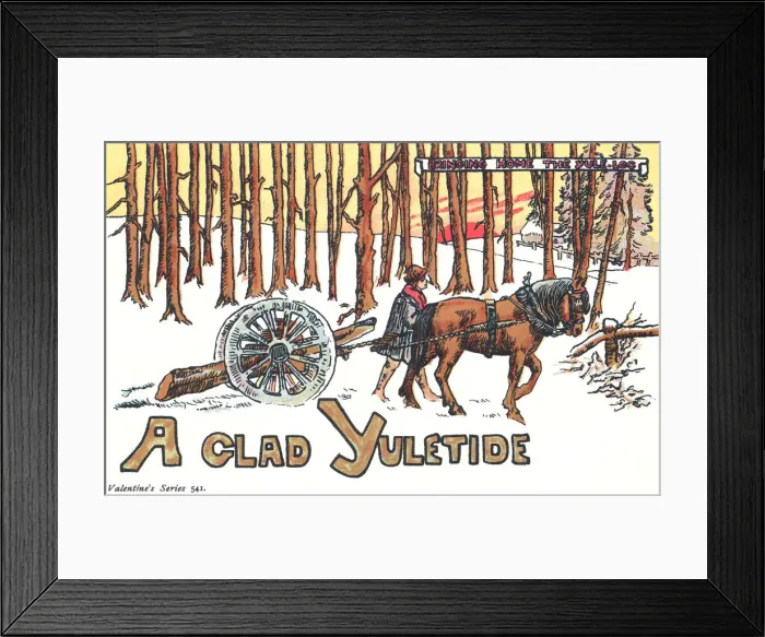 Framed Print : Yule Log. Man with his horse and trailer returning home with a large yule Framed Print : Yule Log. Man with his horse and trailer returning home with a large yule