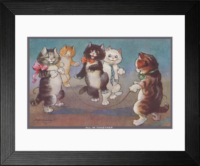 Framed Print : Skipping. Happy cats playing a skipping game. Artist: A E Kennedy Date: 1918 Framed Print : Skipping. Happy cats playing a skipping game. Artist: A E Kennedy Date: 1918