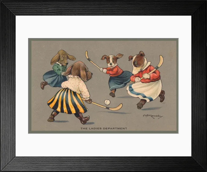 Framed Print : Hockey. Female dogs playing hockey. Artist: A E Kennedy Date: 1912 Framed Print : Hockey. Female dogs playing hockey. Artist: A E Kennedy Date: 1912