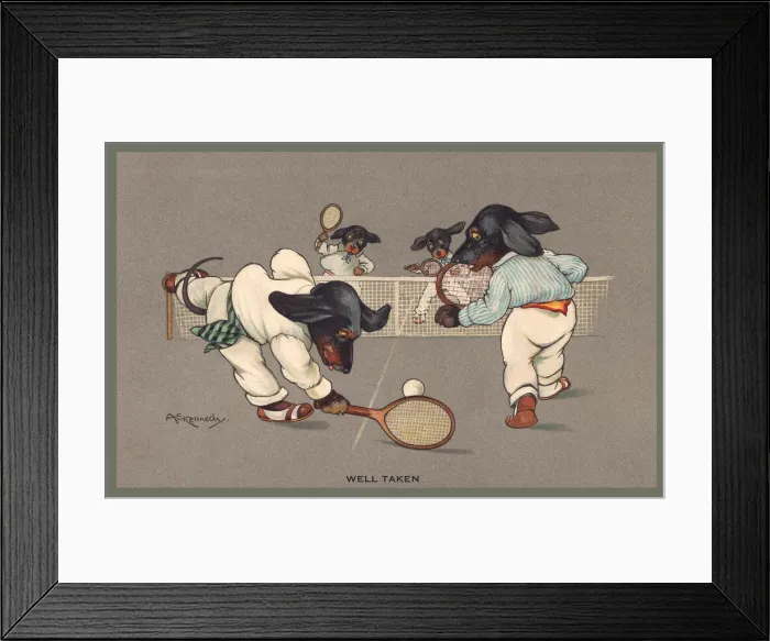 Framed Print : Tennis. Dogs playing tennis. Artist: A E Kennedy Date: 1912 Framed Print : Tennis. Dogs playing tennis. Artist: A E Kennedy Date: 1912