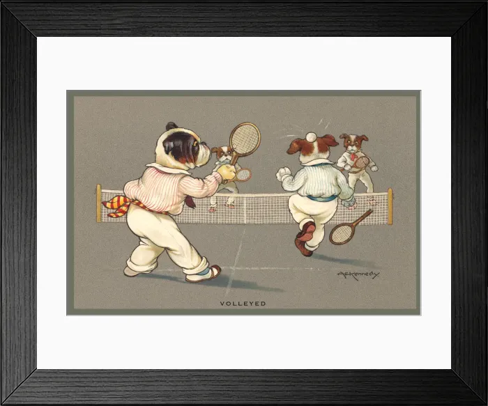 Framed Print : Tennis. Dogs playing tennis. Artist: A E Kennedy Date: 1912 Framed Print : Tennis. Dogs playing tennis. Artist: A E Kennedy Date: 1912