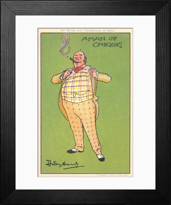 Framed Print : Banker. A Man of Cheques. A cartoon of a typical banker Framed Print : Banker. A Man of Cheques. A cartoon of a typical banker