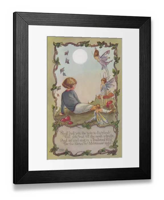 Framed Print : Fairyland. Young girl in conversation with fairies under a full moon Framed Print : Fairyland. Young girl in conversation with fairies under a full moon