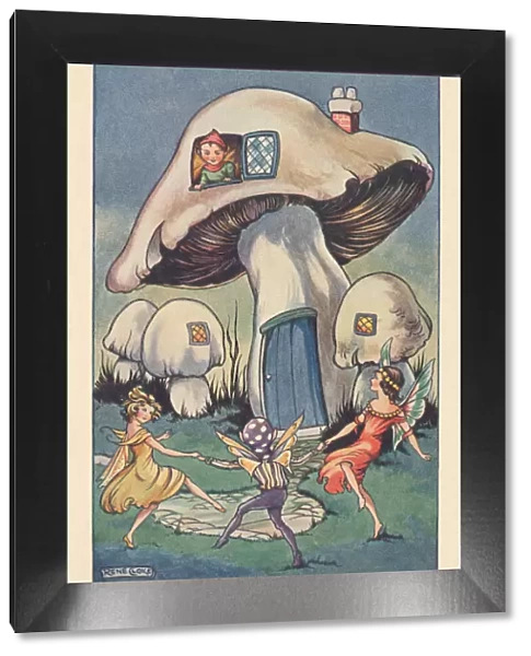 Fairyland. Mushroom Houses for Pixies. Fairies dancing outside their mushroom house