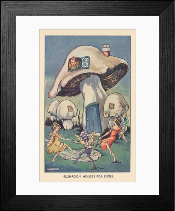 Framed Print : Fairyland. Mushroom Houses for Pixies. Fairies dancing outside their mushroom house Framed Print : Fairyland. Mushroom Houses for Pixies. Fairies dancing outside their mushroom house
