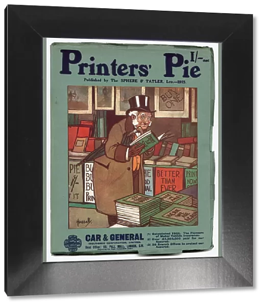 Front cover of Printers Pie magazine for 1915 featuring an elderly gentleman reading a