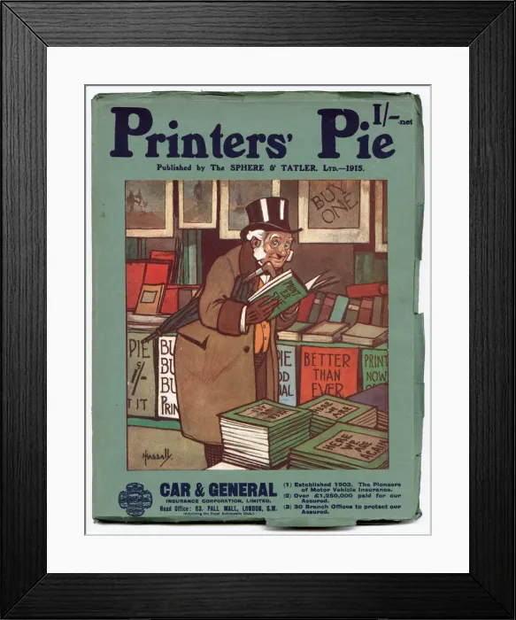 Framed Print : Front cover of Printers Pie magazine for 1915 featuring an elderly gentleman reading a Framed Print : Front cover of Printers Pie magazine for 1915 featuring an elderly gentleman reading a