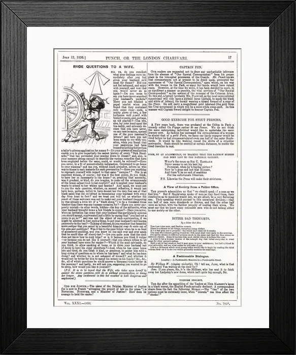 Framed Print : Full page from Punch magazine - July 12, 1856 - featuring an article - Rude Questions to Framed Print : Full page from Punch magazine - July 12, 1856 - featuring an article - Rude Questions to