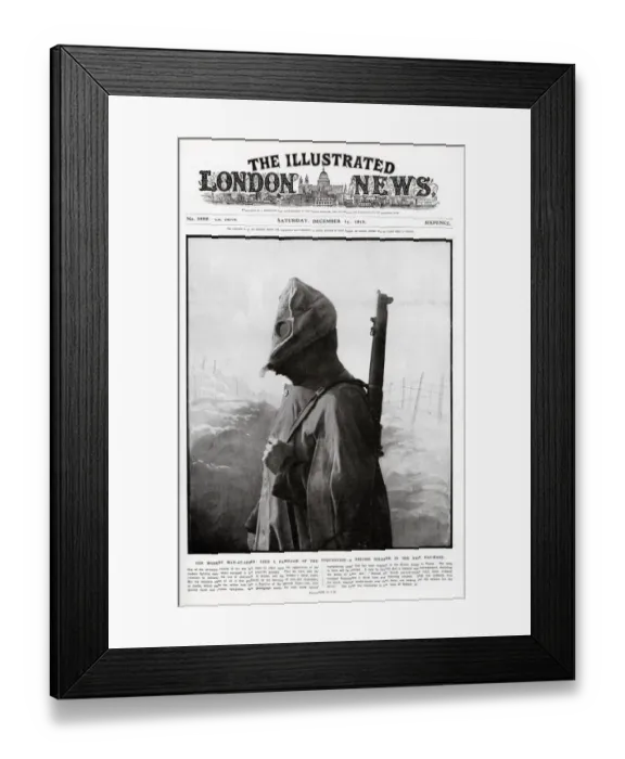 Framed Print : A British soldier wearing a new gas mask on the front cover of The Illustrated London Framed Print : A British soldier wearing a new gas mask on the front cover of The Illustrated London