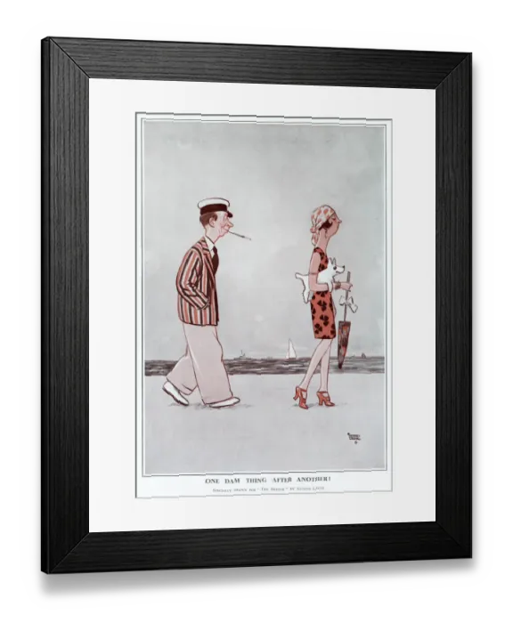 Framed Print : Cartoon by Alfred Leete showing a fashionable 1920s couple walking along a beach Framed Print : Cartoon by Alfred Leete showing a fashionable 1920s couple walking along a beach