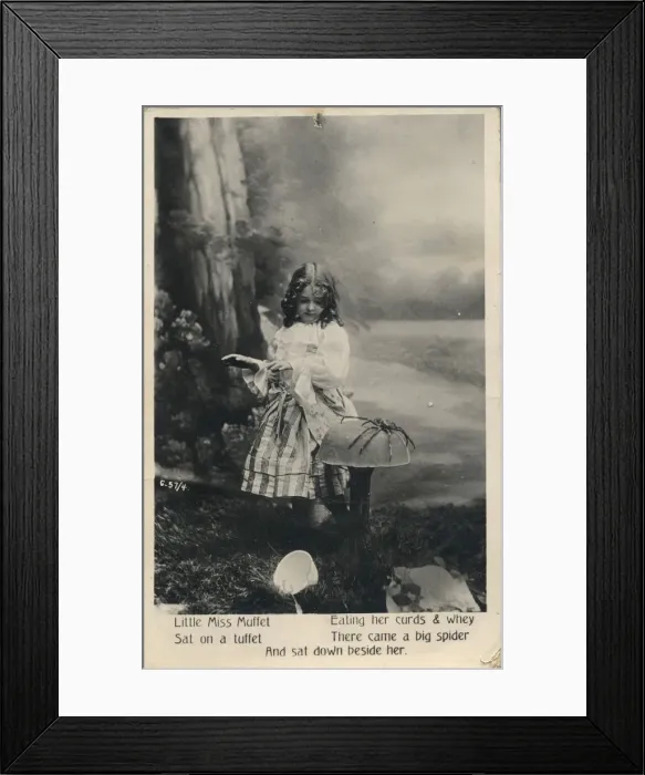 Framed Print : Photographic postcard of Little Miss Muffet. Date: c. 1905 Framed Print : Photographic postcard of Little Miss Muffet. Date: c. 1905
