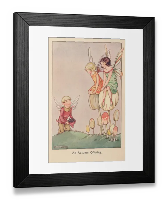 Framed Print : Fairyland. An Autumn Offering. A fairy offering his hatful of berries to Framed Print : Fairyland. An Autumn Offering. A fairy offering his hatful of berries to