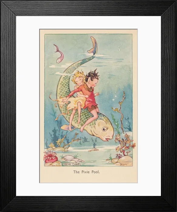 Framed Print : Fairyland. The Pixie Pool. Fairies underwater riding astride a large fish Framed Print : Fairyland. The Pixie Pool. Fairies underwater riding astride a large fish