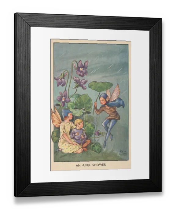 Framed Print : Fairyland. An April Shower. Fairies taking shelter under broad leaves Framed Print : Fairyland. An April Shower. Fairies taking shelter under broad leaves