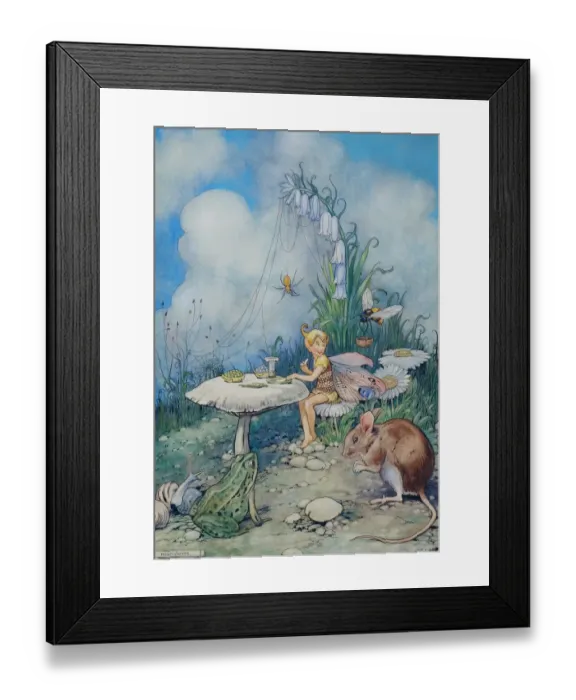 Framed Print : Fairyland. Mealtime for a fairy, waited on by a be while other creatures also attend Framed Print : Fairyland. Mealtime for a fairy, waited on by a be while other creatures also attend