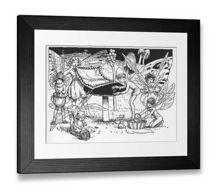 Framed Print : Fairyland. Pen and ink drawing of fairies at work. Artist: Helen Jacobs Date: circa 1920 Framed Print : Fairyland. Pen and ink drawing of fairies at work. Artist: Helen Jacobs Date: circa 1920