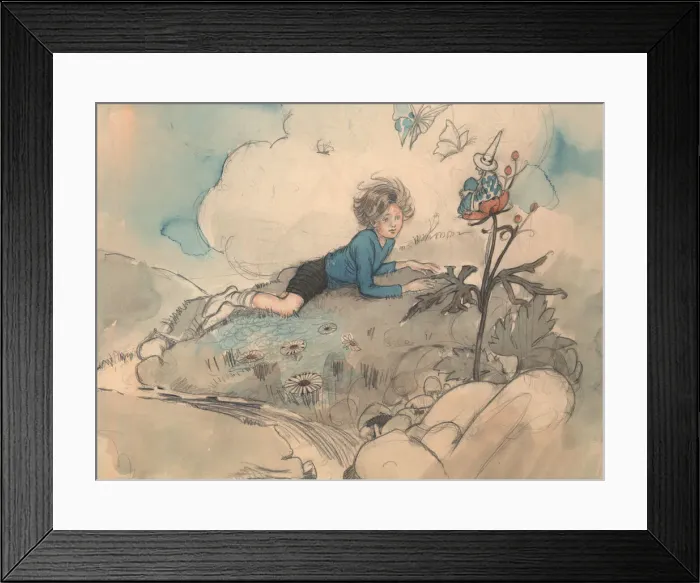 Framed Print : Fairyland. Pencil and watercolour sketch of young boy gazing at a witch on a poppy Framed Print : Fairyland. Pencil and watercolour sketch of young boy gazing at a witch on a poppy