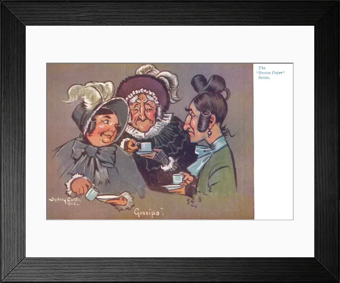 Framed Print : Gossips. Three elderly ladies chattering together over a cup of tea - setting Framed Print : Gossips. Three elderly ladies chattering together over a cup of tea - setting