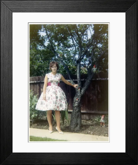Framed Print : Young lady - summer frock - suburban garden - gnomes Framed Print : Young lady - summer frock - suburban garden - gnomes